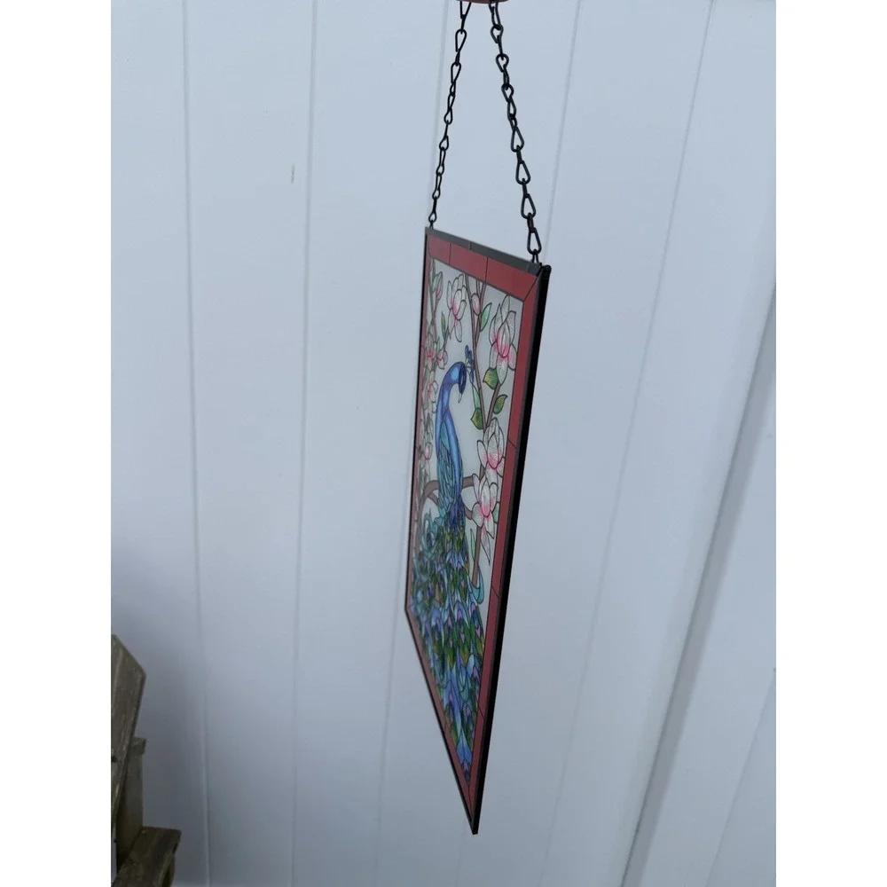 Peacock‎ Tiffany Style Stained Glass Window Panel Hangings with Chain NIB 15x10